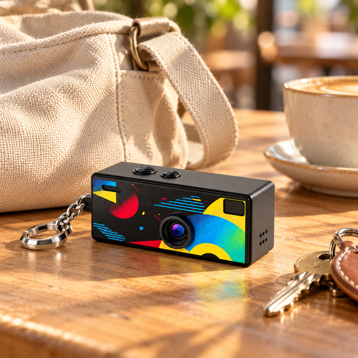 Wizualizacja aranżacyjna: mini kamera retro przy torbie
