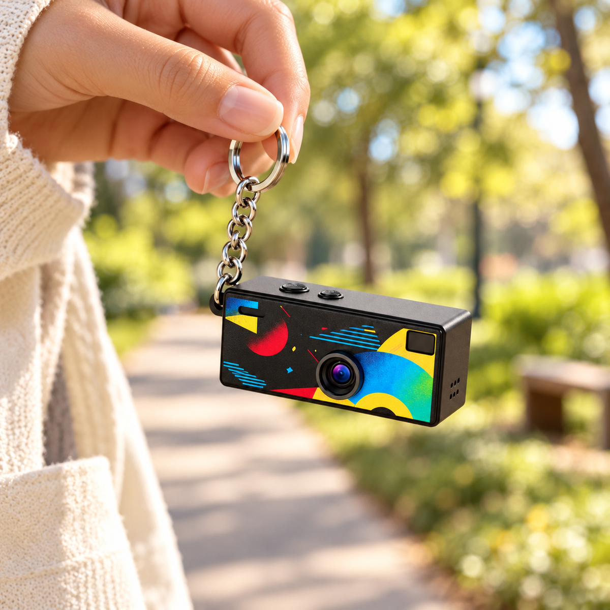 Wizualizacja aranżacyjna: mini kamera retro w plenerze