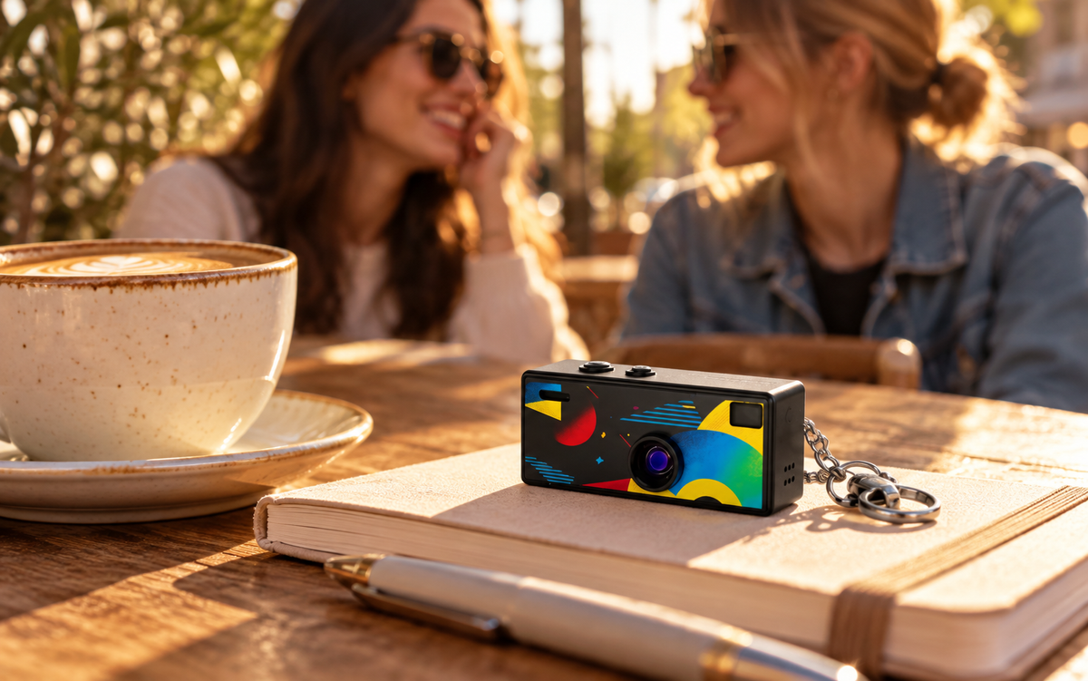 Mini kamera retro MiniPik na stoliku w kawiarni, ujęcie z kolorowym obiektywem z przodu